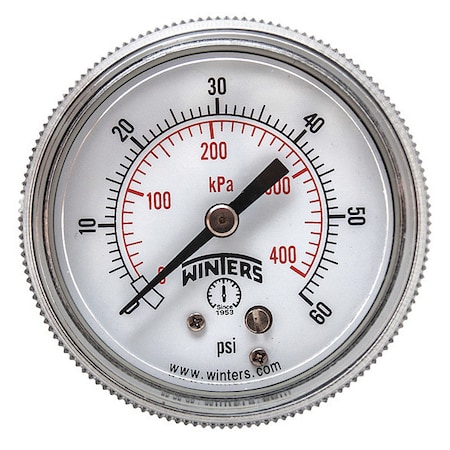 Winters Panel-Mount Pressure Gauge, 0 to 60 psi, 2 in Dial, 1/8 in NPT, Center Back Location P9U901404UC