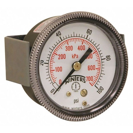Winters Panel-Mount Pressure Gauge, 0 to 100 psi, 2 in Dial, 1/8 in NPT, Center Back Location P9U901406UC