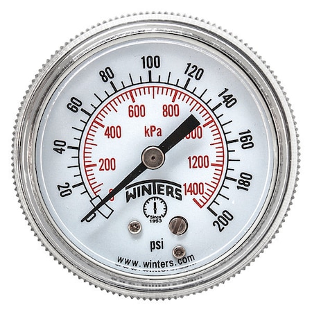 Winters Panel-Mount Pressure Gauge, 0 to 200 psi, 2 in Dial, 1/8 in NPT, Center Back Location P9U901426UC
