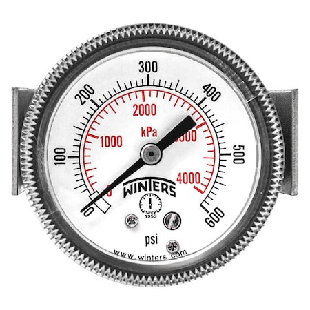Winters Panel-Mount Pressure Gauge, 0 to 600 psi, 2 in Dial, 1/8 in NPT, Center Back Location P9U901446UC