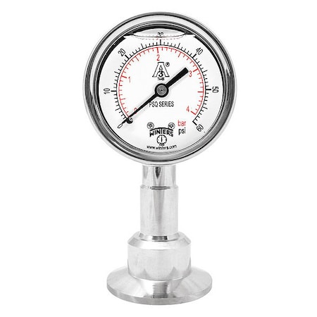 Winters Pressure Gauge, 0 to 100 psi, 2 1/2 in Dial, 1 1/2 in Tri-Clamp, Bottom Location PSQ15804