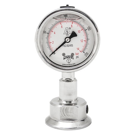 Winters Pressure Gauge, 0 to 200 psi, 2 1/2 in Dial, 1 1/2 in Tri-Clamp, Bottom Location PSQ15806