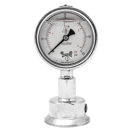 Winters Pressure Gauge, 0 to 60 psi, 2 1/2 in Dial, 1 1/2 in Tri-Clamp, Bottom Location PSQ15803