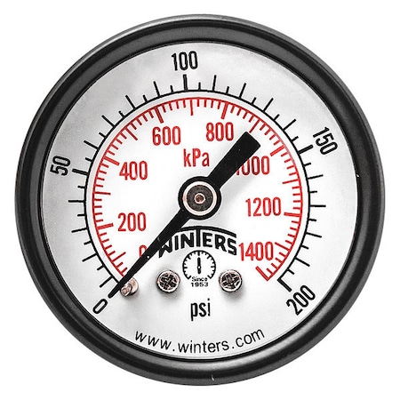 Winters Commercial Pressure Gauge, 0 to 200 psi, 1 1/2 in Dial, 1/8 in NPT, Center Back Location PEM1422