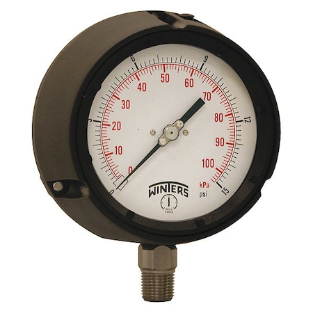 Winters Process Pressure Gauge, 0 to 15 psi, 4 1/2 in Dial, 1/2 in NPT, Bottom Location PPC5061-SG45