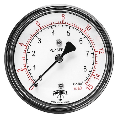 Winters Low Pressure Gauge, 0 to 15 psi, 2 1/2 in Dial, 1/4 in NPT, Center Back Location PLP340