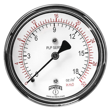 Winters Low Pressure Gauge, 0 to 32 psi, 2 1/2 in Dial, 1/4 in NPT, Center Back Location PLP341