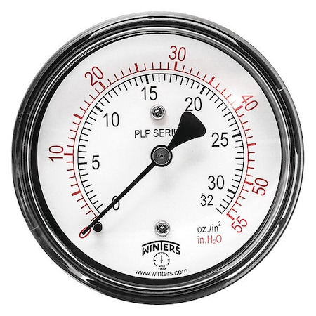 Winters Low Pressure Gauge, 0 to 55 psi, 2 1/2 in Dial, 1/4 in NPT, Center Back Location PLP342