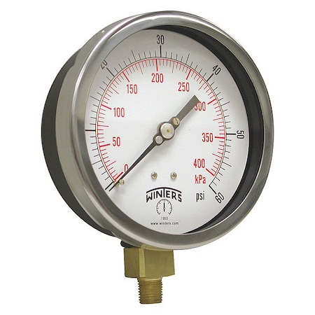 Winters Industrial Pressure Gauge, 0 to 60 psi, 6 in Dial, 1/4 in NPT, Bottom Location P3S6085