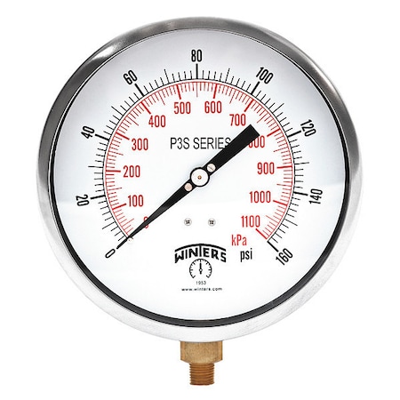 Winters Industrial Pressure Gauge, 0 to 160 psi, 6 in Dial, 1/4 in NPT, Bottom Location P3S6087