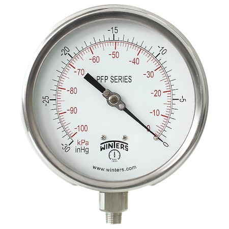 Winters Panel-Mount Vacuum Gauge, 30 to 0 psi, 4 1/2 in Dial, 1/4 in NPT, Bottom Location PFP700-DRY-45BF