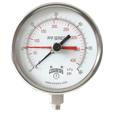 Winters Panel-Mount Pressure Gauge, 0 to 60 psi, 4 1/2 in Dial, 1/4 in NPT, Bottom Location PFP710-DRY-45BF-MAXI45