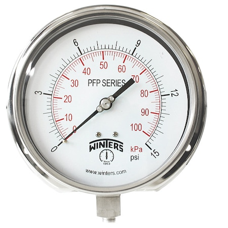Winters Panel-Mount Pressure Gauge, 0 to 15 psi, 6 in Dial, 1/4 in NPT, Bottom Location PFP1059-DRY-6BF