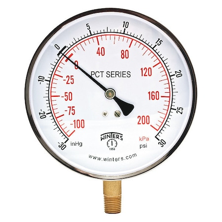 Winters Industrial Compound Gauge, 30 to 0 to 30 psi, 4 1/2 in Dial, 1/4 in NPT, Bottom Location PCT329