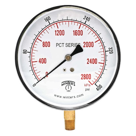 Winters Industrial Pressure Gauge, 0 to 400 psi, 4 1/2 in Dial, 1/4 in NPT, Bottom Location PCT327