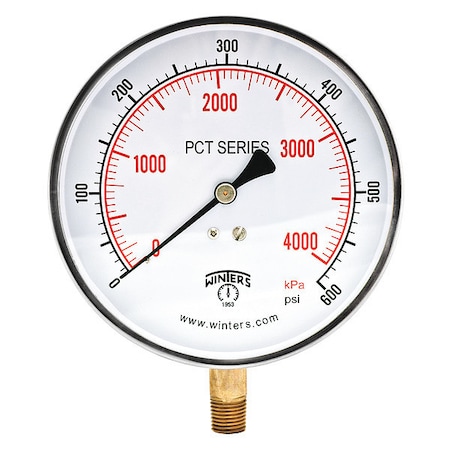 Winters Industrial Pressure Gauge, 0 to 600 psi, 4 1/2 in Dial, 1/4 in NPT, Bottom Location PCT331