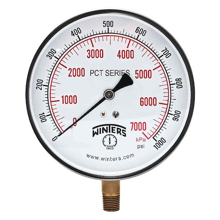 Winters Industrial Pressure Gauge, 0 to 1,000 psi, 4 1/2 in Dial, 1/4 in NPT, Bottom Location PCT293