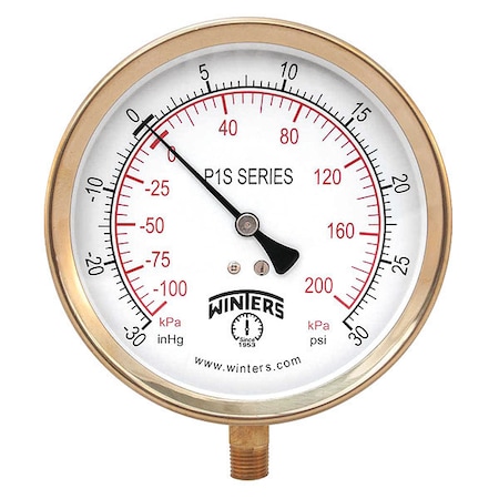 Winters Industrial Compound Gauge, 30 to 0 to 30 psi, 4 1/2 in Dial, 1/4 in NPT, Bottom Location P1S412