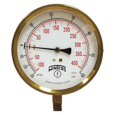 Winters Industrial Compound Gauge, 30 to 0 to 60 psi, 4 1/2 in Dial, 1/4 in NPT, Bottom Location P1S413