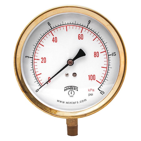 Winters Industrial Pressure Gauge, 0 to 15 psi, 4 1/2 in Dial, 1/4 in NPT, Bottom Location P1S419