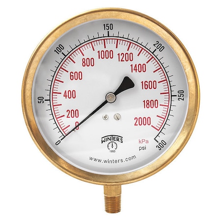 Winters Industrial Pressure Gauge, 0 to 300 psi, 4 1/2 in Dial, 1/4 in NPT, Bottom Location P1S426
