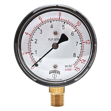 Winters Low Pressure Gauge, 0 to 15 psi, 2 1/2 in Dial, 1/4 in NPT, Bottom Location, Steel Case Material PLP300