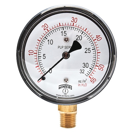 Winters Low Pressure Gauge, 0 to 55 psi, 2 1/2 in Dial, 1/4 in NPT, Bottom Location, Steel Case Material PLP302