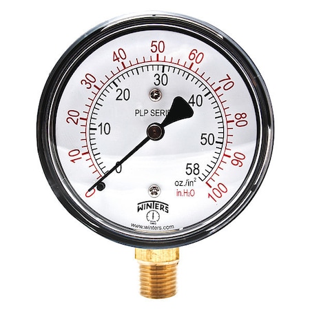 Winters Low Pressure Gauge, 0 to 100 psi, 2 1/2 in Dial, 1/4 in NPT, Bottom Location, Steel Case Material PLP304
