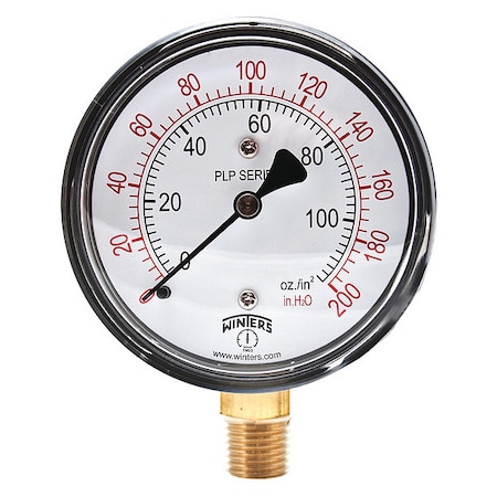 Winters Low Pressure Gauge, 0 to 200 psi, 2 1/2 in Dial, 1/4 in NPT, Bottom Location, Steel Case Material PLP303