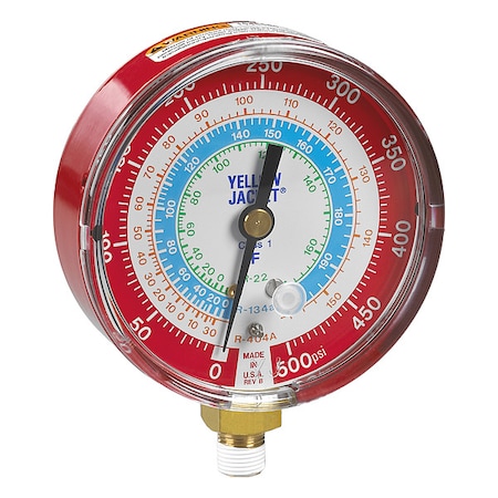 Yellow Jacket High Side Gauge, 3 1/8 in Dia, Red 49105