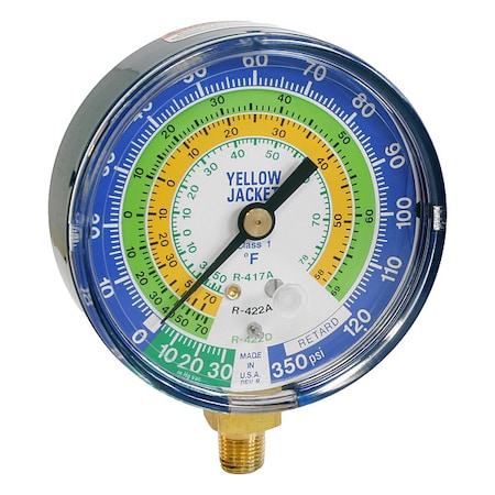 Yellow Jacket Low Side Gauge, 3 1/8 in Dia, Blue 49160