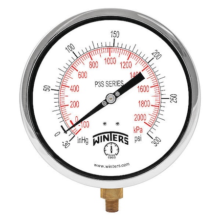 Winters Industrial Compound Gauge, 30 to 0 to 300 psi, 6 in Dial, 1/4 in NPT, Bottom Location P3S6082