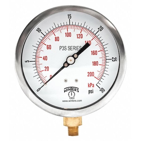 Winters Industrial Pressure Gauge, 0 to 30 psi, 4 1/2 in Dial, 1/4 in NPT, Bottom Location P3S6009