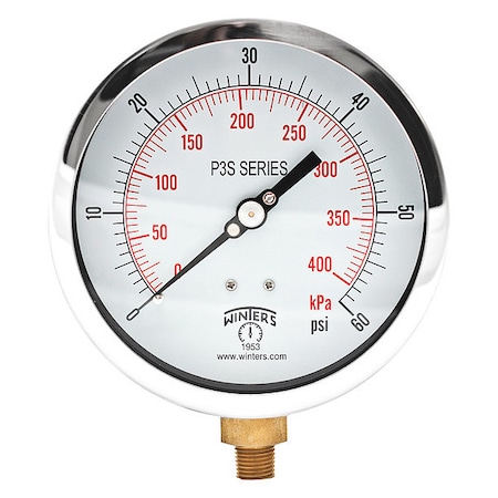 Winters Industrial Pressure Gauge, 0 to 60 psi, 4 1/2 in Dial, 1/4 in NPT, Bottom Location P3S6010
