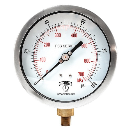 Winters Industrial Pressure Gauge, 0 to 100 psi, 4 1/2 in Dial, 1/4 in NPT, Bottom Location P3S6011