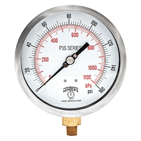 Winters Industrial Pressure Gauge, 0 to 160 psi, 4 1/2 in Dial, 1/4 in NPT, Bottom Location P3S6012