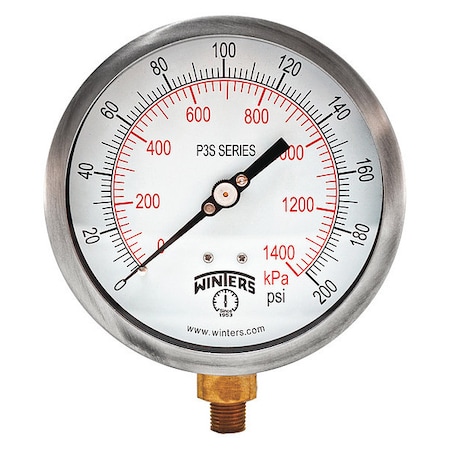 Winters Industrial Pressure Gauge, 0 to 200 psi, 4 1/2 in Dial, 1/4 in NPT, Bottom Location P3S6013