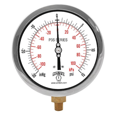 Winters Industrial Compound Gauge, 30 to 0 to 15 psi, 4 1/2 in Dial, 1/4 in NPT, Bottom Location P3S6001