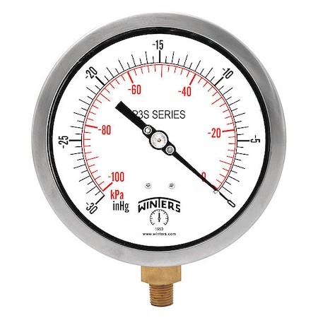 Winters Industrial Vacuum Gauge, 30 to 0 psi, 6 in Dial, 1/4 in NPT, Bottom Location, Aluminum Case Material P3S6075