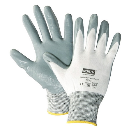 North Coated Gloves, Nitrile, Smooth, 4-Mar, Not Tested Abrasion Level, White/Gray, 9 1 PR NF13/9L-H5