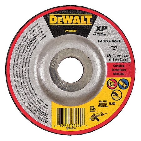Dewalt Depressed Center Grinding Wheel, Type 27, 4 1/2 in Dia, 0.25 in Thick, 7/8 in Arbor Hole Size DWA8908F