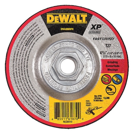 Dewalt Depressed Center Grinding Wheel, Type 27, 4 1/2 in Dia, 0.25 in Thick, 5/8"-11 Arbor Hole Size DWA8909FH