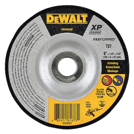 Dewalt Depressed Center Grinding Wheel, Type 27, 6 in Dia, 0.25 in Thick, 7/8 in Arbor Hole Size, Ceramic DWA8920F