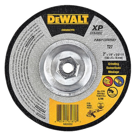 Dewalt Depressed Center Grinding Wheel, Type 27, 7 in Dia, 0.25 in Thick, 5/8"-11 Arbor Hole Size, Ceramic DWA8927FH