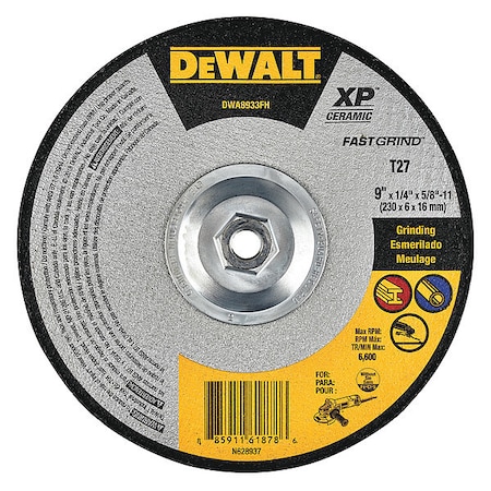 Dewalt Depressed Center Grinding Wheel, Type 27, 9 in Dia, 0.25 in Thick, 5/8"-11 Arbor Hole Size, Ceramic DWA8933FH