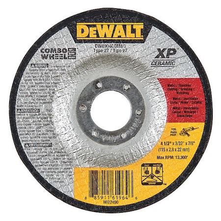 Dewalt Depressed Center Cut-Off Wheel, Type 27, 4 1/2 in Dia, 0.093 in Thick, 7/8 in Arbor Hole Size DW8904Combo