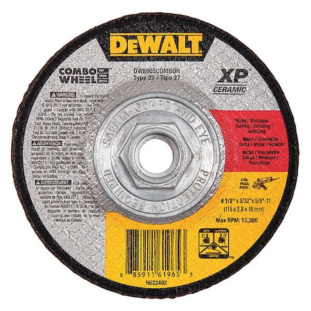 Dewalt Depressed Center Cut-Off Wheel, Type 27, 4 1/2 in Dia, 0.093 in Thick, 5/8"-11 Arbor Hole Size DW8905ComboH