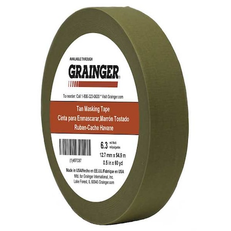 Zoro Select Masking Tape, 1/2 in W x 60 yd L, 6.3 mil Thick, Tan, Rubber Adhesive TC650-0.5" X 60YD