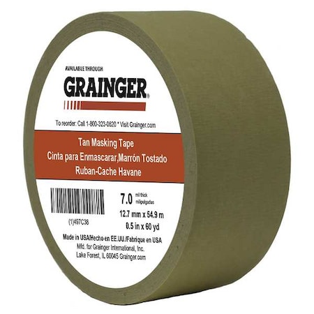 Zoro Select Masking Tape, 1/2 in W x 60 yd L, 7 mil Thick, Tan, Rubber Adhesive TC450-0.5" X 60YD