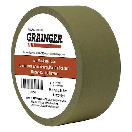 Zoro Select Masking Tape, 1 1/2 in W x 60 yd L, 7 mil Thick, Tan, Rubber Adhesive TC450-1.5" X 60YD